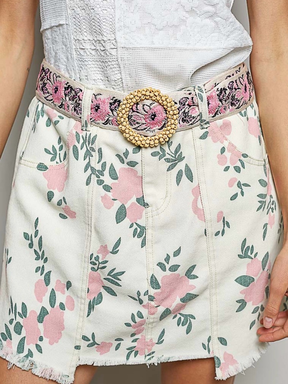 POL Floral Pink Woven Belt with Beaded Buckle